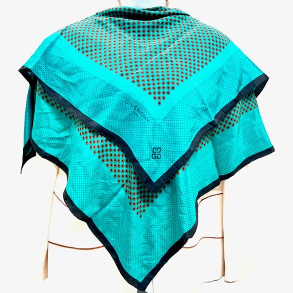 Vintage Givenchy Scarf 35 x35" 100% Silk Satin green black orange dott (46) - Picture 4 of 9